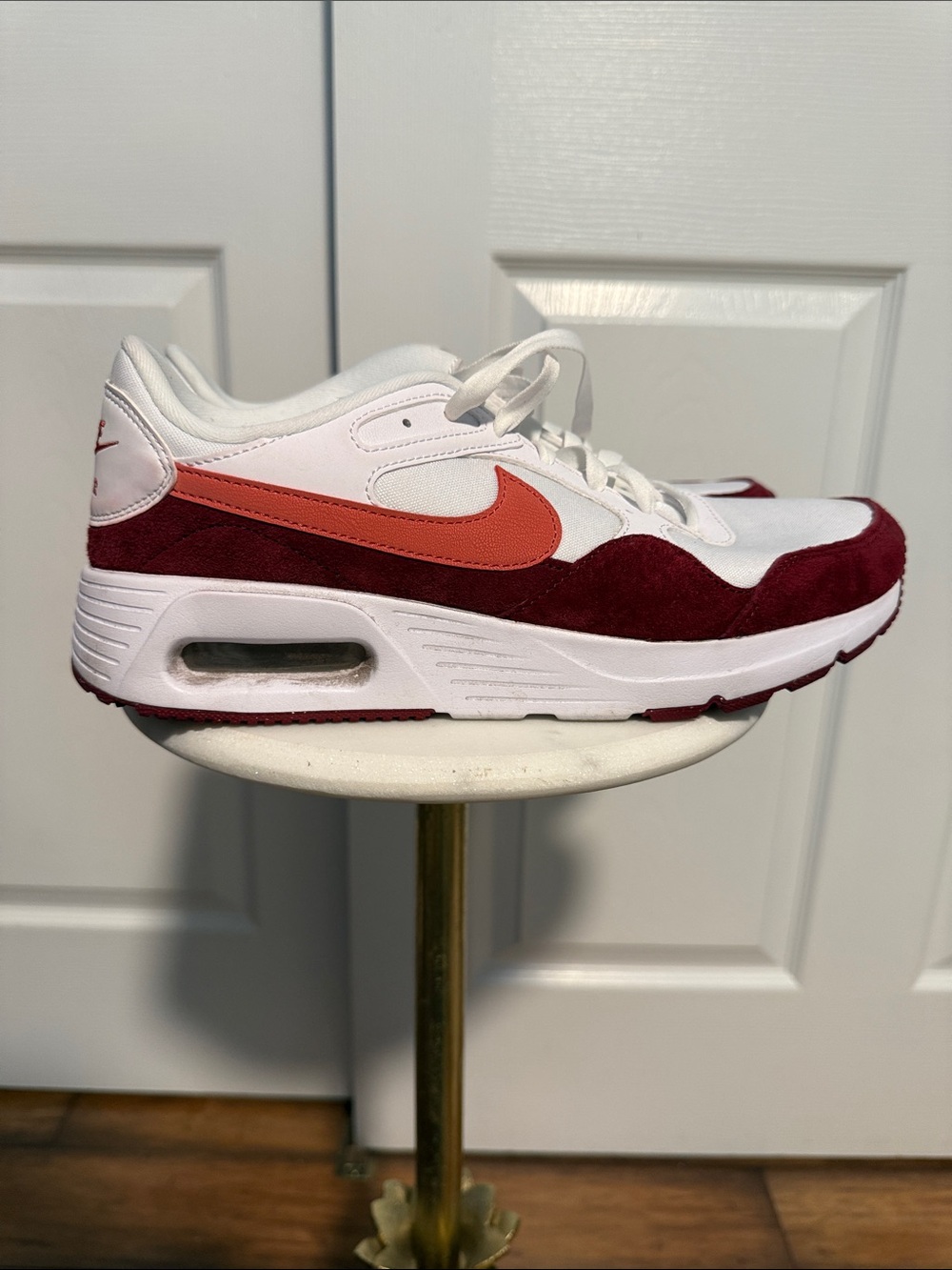 Nike Women's Air Max SC shoes White with Burgundy and Coral Accents size 10
